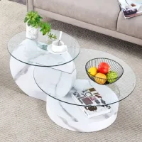 Mesa De Centro Blanca De Dos Niveles, Cristal De Seguridad Y Efecto Mármol