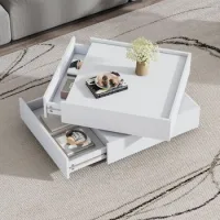 Mesa De Centro Blanca Giratoria 360°, 60 X 60 X 38 Cm, Con Dos Cajones