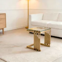 Mesa Auxiliar Cuadrada De 32 Cm, Cristal Templado Y Marco Dorado