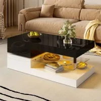 Mesa De Centro Led Negra Y Blanca, 90 X 45 X 35,5 Cm, Alto Brillo
