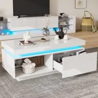 Mesa De Centro Blanca De Alto Brillo Con Led, 100 X 50 X 40,3 Cm