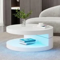 Mesa De Centro Redonda Blanca De Mdf, 70 Cm, Tablero Giratorio 360° Y Luz Led