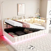 Sofá Cama Individual 90 X 200 Cm Beige Con Almacenaje Hidráulico Y Estantería