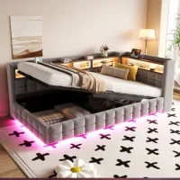 Cama Tapizada 90x200 Cm Con Canapé Hidráulico, Estantes, Led Y Carga Usb