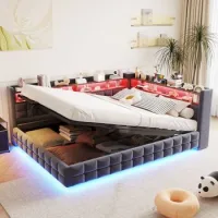 Cama Tapizada 140 X 200 Cm Con Almacenaje Hidráulico Y Luces Led Multicolor