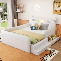 Cama Infantil De 140 X 200 Cm Blanca Con Cabecero De Oso, Luz Nocturna Y Almacenamiento