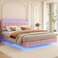 Cama Flotante Rosa De 140 X 200 Cm Con Iluminación Led Regulable