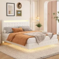 Cama Flotante Blanca 140x200 Cm Con Iluminación Ambiental Led Y Cabecero Ajustable