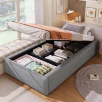 Cama Tapizada Gris De 90x200 Cm, Plataforma Sin Cabecero Y Almacenaje Hidráulico