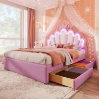 Cama Infantil Tapizada 140 X 200 Cm, Rosa Y Blanca, Con Diseño De Corona Y Luz Led