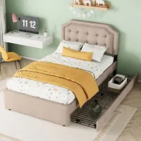 Cama Individual Tapizada De 90 X 200 Cm, 2 Cajones Y Cabecero Acolchado