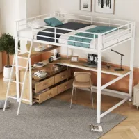 Cama Alta Blanca De 140 X 200 Cm Con Escritorio En L Y Cajones