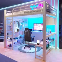 Cama Alta Metálica De 140 X 200 Cm Con Escritorio, Estantes Y Luces Led