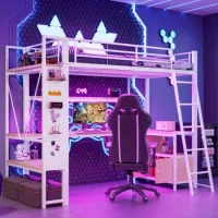 Cama Alta 90 X 200 Cm Con Escritorio Y Almacenaje, Luces Led Integradas