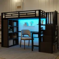 Cama Alta 90x200 Con Escritorio, Escalera Con Almacenaje Y Luz Led