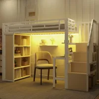 Cama Alta Blanca De 90 X 200 Cm Con Escritorio, Almacenaje Y Luz Led Integrada
