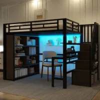 Cama Alta Con Escritorio De 140 X 200 Cm Y Estructura Metálica Negra