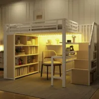 Cama Alta Blanca De 140 X 200 Cm Con Escritorio Y Almacenamiento Integrado