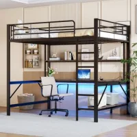Cama Alta Infantil De 140 X 200 Cm Con Barandilla, Escritorio Y Luces Led
