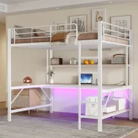 Cama Alta Infantil De 140 X 200 Cm, Metálica Blanca, Con Escritorio Y Estantería