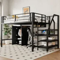 Cama Alta Infantil De 140 X 200 Cm Con Armario Y Escritorio Integrado