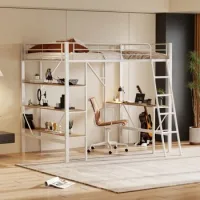 Cama Alta Blanca De 90 X 200 Cm Con Escritorio Y Tres Estanterías