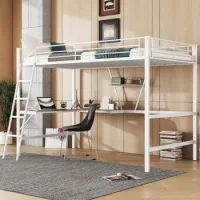 Cama Alta Metálica De 90 X 200 Cm Con Escritorio En L, Estantería Y Barandilla