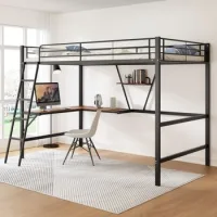 Cama Alta Metálica De 90 X 200 Cm Con Escritorio En L Y Estantería