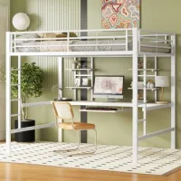 Cama Alta Metálica Blanca 140 X 200 Cm Con Escritorio Y Dos Estanterías