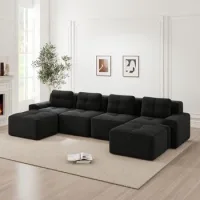 Sofá Modular De 4 Plazas De Pana Negro Con Chaise Longue En Forma De U Y Asiento Profundo
