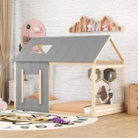 Cama Infantil 90x200 En Forma De Casa Con Techo Y Ventana, Madera Maciza, Natural Y Gris