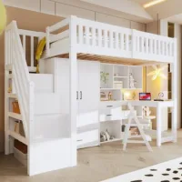 Cama Alta Con Escritorio Y Armario 90x200 Cm Madera Pino Blanco