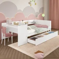 Cama Individual De Madera 90x200 Cm Con Escritorio Integrado Y 2 Cajones, Blanco