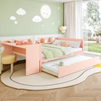 Cama Doble 140x200 Con Escritorio Integrado, Cama Nido Y Estantes, Madera, Rosa
