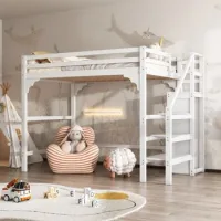 Cama Alta 140x200 Con Armario Y Escalera De Almacenamiento, Madera Maciza, Blanco