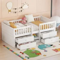 Cama Media Alta 90x200 Con 4 Cajones, Escalera Y Barrera, Madera, Blanco
