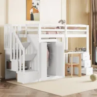 Cama Alta De 90x200 Cm Con Escritorio, Armario Y Escaleras, Madera Maciza, Blanco
