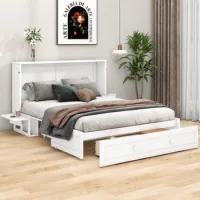 Cama Abatible 140x200 De Madera Con Cajón Y Estantes Laterales, Blanco