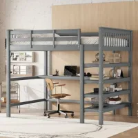 Cama Alta Con Escritorio 140x200 Cm Madera De Pino Gris