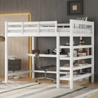 Cama Alta 140x200 Con Escritorio Y Estantes, Madera De Pino, Blanco