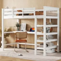 Cama Alta Con Escritorio 90x200 Cm, Madera Maciza, Estantes Integrados, Blanco