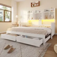 Sofá Cama Extensible De Madera Blanco 90x190 Cm Con Cajones Y Luces Led