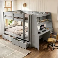 Litera Gris Con Escritorio 140x200 Cm, Armario Lateral Reversible Y Cajones