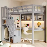 Cama Alta Infantil 90x200 Con Escritorio Integrado, Escalera Y Led, Gris