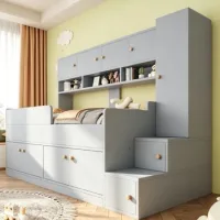 Cama Infantil 90x200 Cm De Madera Gris Con Armario, Almacenaje Y Led