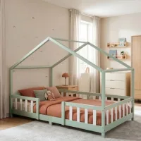 Cama Para Niños Treviolo Forma De Casa Pino + Colchón 140x200cm - Verde Menta [en.casa]