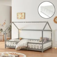 Cama Para Niños Sisimiut Forma De Casa Pino + Colchón 140x200 Cm Gris [en.casa][neu.haus]