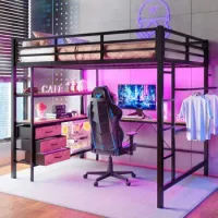 Cama Alta Negra De 140 X 200 Cm Con Escritorio Y Luces Led