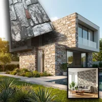Aislamiento exterior e interior con capa de poliestireno expandido 3d de 2 cm de espesor (120 x 50 cm) con chorro de arena y mortero de piedra grande.