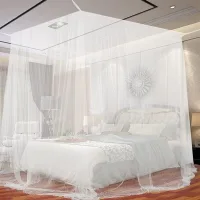 Mosquitera cama 4 esquinas blanco 190x210x240cm, red poliéster malla fina 4 puertas, 4 ganchos 4 anclajes cuerda algodón 8m, cama doble king